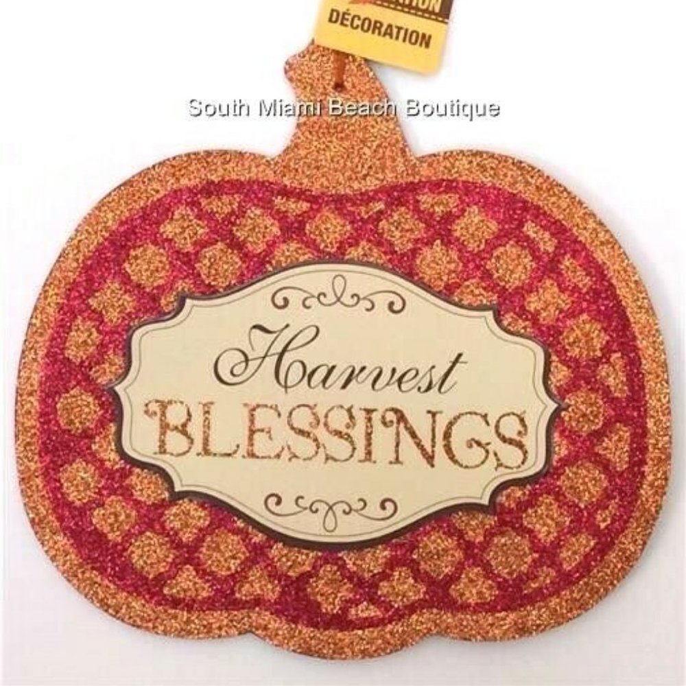 HARVEST BLESSINGS Thanksgiving Pumpkin Fall Door Wall Sign Plaque Halloween